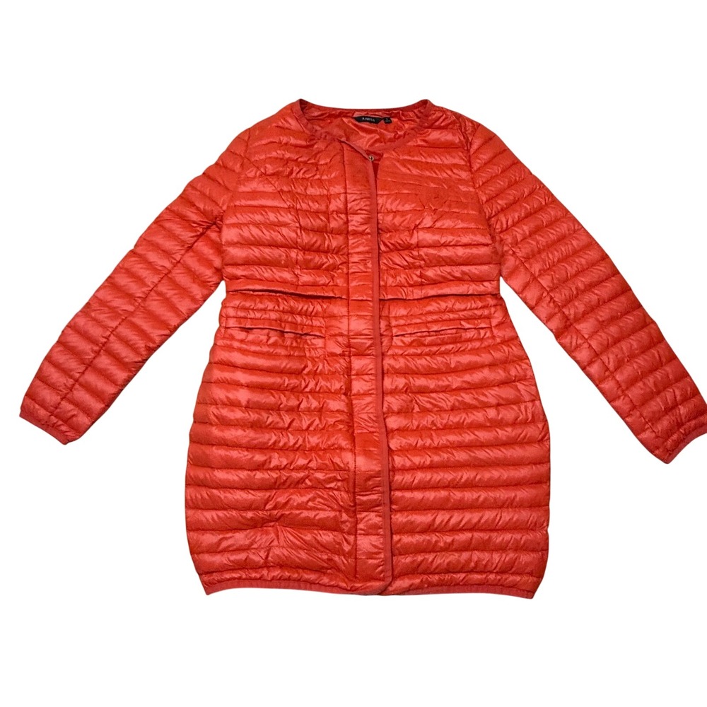 Aimiss Womens Orange Quilted Puffer Coat MidLength Snap Zip Jacket 160/84A sz M